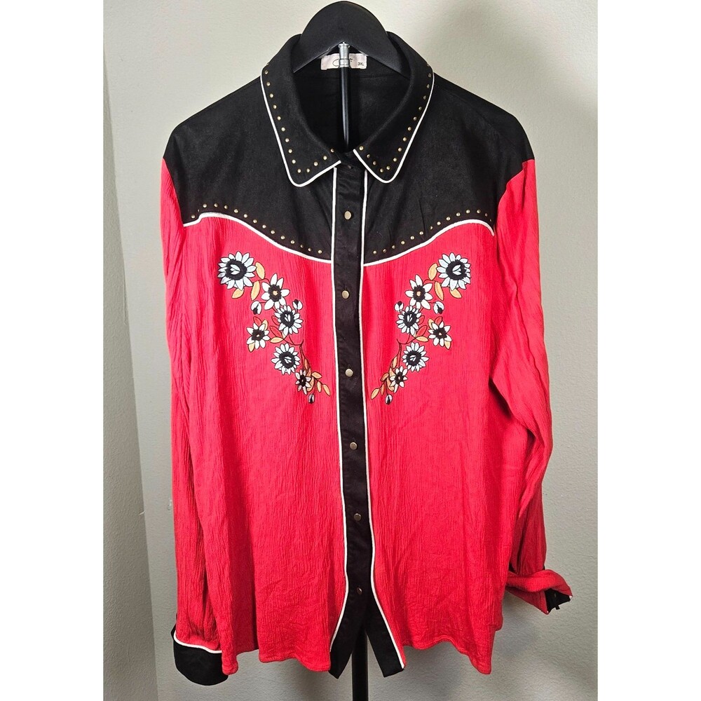 John Moon Texas Western Fringe Shirt Womens 3XL Red Black Embroidered Rodeo